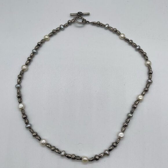 Mixed Metal with Fresh Water Pearls 18 inches Length Silver Tone - Picture 2 of 3